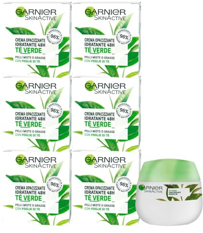 GARNIER SkinActive Crema Viso Idratante con Tè Verde Azione Opacizzante Lunga Durata 48h con Ingredienti 96% di Origine Naturale Formula Dermatologicamente Testata - 6 Barattoli da 50ml