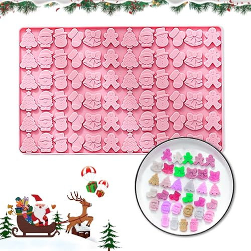 Vordpe Weihnachts Silikon Schokoladenform, Lebkuchenmann Schneemann Weihnachtsmann Weihnachtsbaum,mit 72 Mulden Fondantform,für DIY Schokolade Süßigkeiten (Rosa)