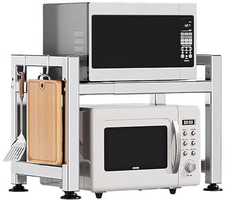 Virvia Extendable Microwave Oven Rack, Microwave Shelf Adjustable Over Microwave Stand Countertop 2-Tier Stainless Steel Organizing Rack with 4 Hooks for Kitchen Utensils Tableware Storage