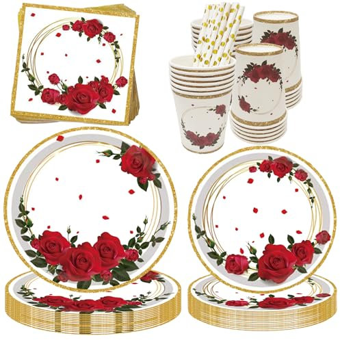 20 Invités Vaisselle de Fête Fleur Anniversaire Roses,100 Pcs Fiançailles Party Assiettes,Fleur Filles Anniversaire Vaisselle,Fleur Rose Vaisselle De Fête Mariage Snniversaire Décoration(Roses)