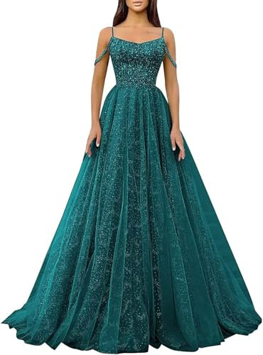 Glitzernde Pailletten-Abschlussballkleider,SpaghettiträGer,Glitzer-TüLl,Formelle Ballkleider,Schulterfreies A-Linien-Partykleid FüR Frauen Teal XS