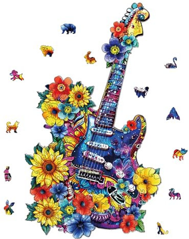 GLOBLELAND 200 Stück Gitarre Holzpuzzles Für Erwachsene 40x23 cm Holzpuzzles Für Erwachsene Einzigartige Geformte Holzpuzzles Bunte Puzzles Für Weihnachtsgeburtstagsgeschenke Familienspiele