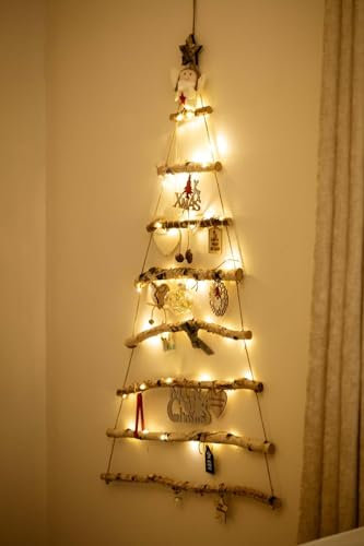 Marco Paul Interiors LED-Lichterkette mit Holzleiter, rustikal, platzsparend, Wandmontage, skandinavischer Shabby-Chic-Stil, festliche LED-Dekoration (133 cm)