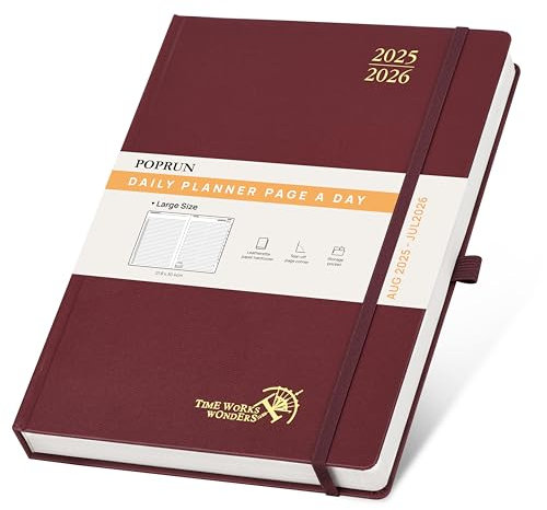POPRUN Tagesplaner 2025 2026 Hardcover 30,5 x 22 cm, Tageskalender A4 1 Tag 1 Seite (Montag - Sonntag), Terminplaner (Aug.2025-Jul.2026) mit Stiftschlaufe - Burgund