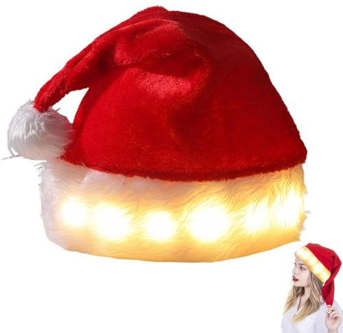 Kioriur Beleuchten Sie die Weihnachtsmützen – beleuchtete Weihnachtsmannmützen aus Plüsch – Hüte für Weihnachtsfeier, Weihnachtshut aus Plüsch
