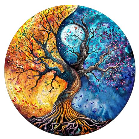KaayeeWood Puzzle in Legno per Adulti,Moonlight Dreamscape Puzzle di Legno con Scatola,Puzzle Irregolare Unico,Regalo di Compleanno per Adulti e Bambini (Yin Yang Albero della Vita-9, L)