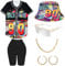 WILDPARTY 80er 90er Jahre Outfit Damen, Hip Hop Kostüm Lockere Oberteile Yoga Hose Fischerhüte Gläser Ohrringe Halskette, 1980 Accessoires Bunte Rapper Shirt Karneval Mottoparty Bad Taste