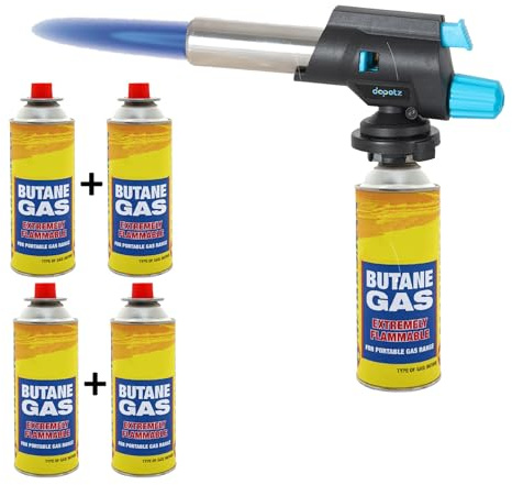 Dapetz ® Soplete con 4 botellas de gas butano – para camping, cocina, barbacoa, postres, crema brulee | Recarga de soldadura lanzallamas de encendido automático para soldar y quemar malas hierbas