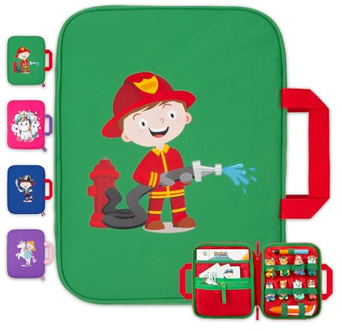 GRINSEZWERGE Tasche für Edurino & Tonies Figuren im Felix Feuerwehrmann Design in grün I Aufbewahrung für Edurino Stift, TipToi Stift, Bücher & Zubehör I Kinder Tragetasche mit Platz für 8 Figuren