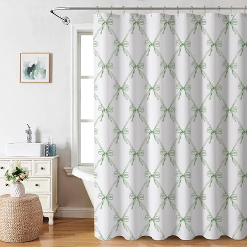 AIBIIN Cute Shower Curtain Green Bow Bath Curtain for Bathroom Modern Aesthetic Cloth Shower Curtain Durable Waterproof Polyester Material with 12 Hooks 180x180cm