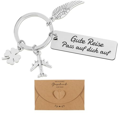 BETESSIN Gute Reise Geschenk für Reisende - Pass auf dich auf - Schlüsselanhänger Metall mit Kraftpapier Umschlag - Reise Glücksbringer Mann - Abschiedsgeschenk für Weltenbummler