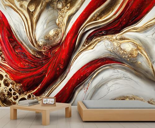 FACADUP Abstract Marble Murals, Funky Luxury Gold Foil Art Red Marble Wallpaper for Kids Room Bedroom 280x200cm Adhesive Large Wallpaper Stickers (Not Self-Adhesive)