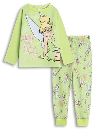 Disney Tinkerbell Girls Green Long Sleeve Long Leg Pyjama Set | Inspirational 'Faith, Trust, and Pixie Dust' Print | Kids Sleepwear Loungewear Merch
