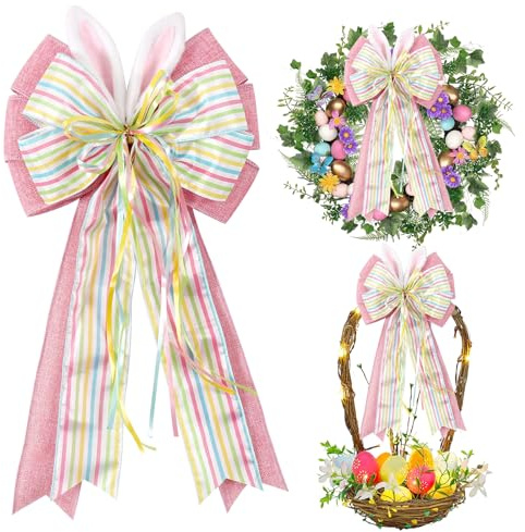 Dermalyx Lazo de Pascua para Coronas Decoraciones Árbol de Pascua Lazo de Encaje Lazo Decorativo con Orejas de Conejo Rosa de Lona para Primavera Hogar Puerta Principal E