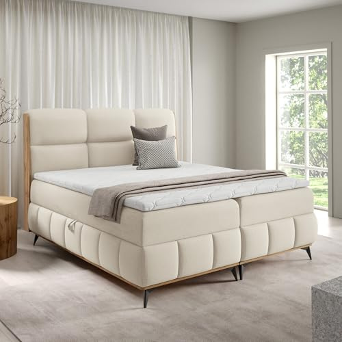 Home Collective Boxspringbett Polsterbett Doppelbett Bett mit Stauraum und Topper inklusive | modernes Design mit edlen Holzdetails Schlafzimmer Jugendzimmer Möbel | Creme 180x200 cm
