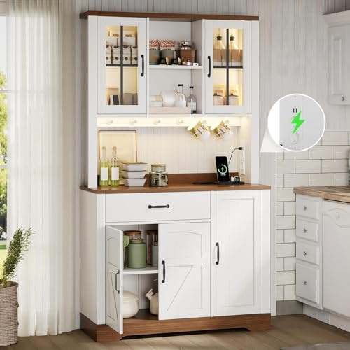 Merax Küchenschrank, Sideboard mit LED, Schubladen, Steckdosen, Offenen Regalen und Verstellbare Einlegeböden, Tür aus Gehärtetem Glas, Edelstahlhaken, Buffetschrank für Küche, Esszimmer (Weiß+Natur)
