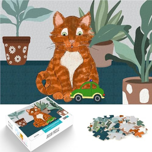 1000-teiliges Teenager-Puzzle Spielzeug für die ganze Familie Neugierige Katze mit Spielzeugauto mit passendem Poster und Quizblatt52x38cm