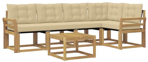 vidaXL Outdoor-Sofagarnitur mit Kissen 6 pcs Weiß und Beige, Akazien Outdoor Sofa Set, modische Möbel für Terrasse, wetterfester Couch, entspannende Sitzgruppe im Garten