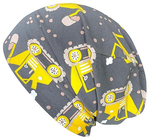 Wollhuhn ÖKO Jungen/Mädchen Autos/Fahrzeuge Long-Beanie/Wendemütze Ganzjährig Zwei Lagen Jersey Innen Uni Grau (aus Öko-Stoffen, Bio) (M, Bagger Grau/Gelb)