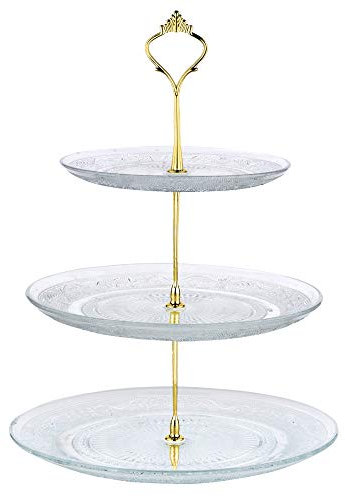 Nyxi 3 Tier Embossed Glass Cake Stand Round Display with New Gold Fitting (Extra Silver Fitting Included)