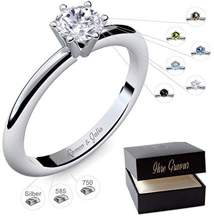 Verlobungsring Silber 925 Weißgold 585 750 PERSONALISIERT + Etui mit individueller GRAVUR Damen-Ring Heiratsantrag Solitär-Ring Zirkonia Aquamarin Turmalin Blautopas Peridot Rauchquarz