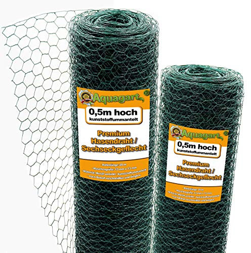 Aquagart Maschendrahtzaun 20m Sechseckgeflecht grün I Hühnerzaun Kaninchendraht Hasengitter feinmaschig 13 x 13 mm I 6-Eck Drahtgeflecht 0,8 mm I 50 cm hohe Hasendraht