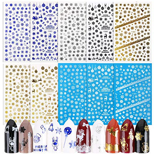 10 Sheets 1400+pcs 3D Christmas Nail Art Stickers Decals Self Adhesive for Women Girls Snowflake Elk Christmas Stockings Snowman Bell Merry Christmas Nail Decorations