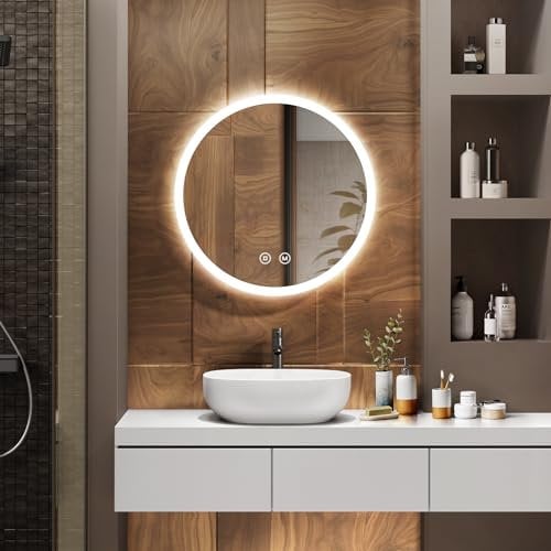 EMKE Badspiegel mit Beleuchtung Rund 50cm LED Spiegel mit Beleuchtung Dimmbar 3 Lichtfarben, Beschlagfrei, Touch-Schalter Badezimmerspiegel mit Beleuchtung Rund Badspiegel IP44 Energiesparend