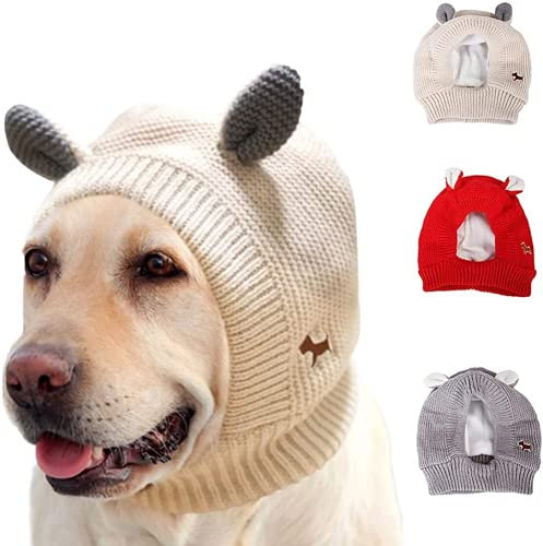 Zhuidream Ruhige Ohren für Hunde, Hundepflege-Ohrenschützer, Strickmütze Haustier Weihnachten warme Mützen, Hundeohrschützer Lärmschutz, Haustier Hals Ohrenwärmer Kapuze (Beige)