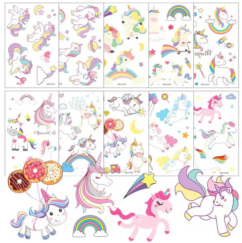 Tattoo Kinder, Temporäre Tattoos für Kinder 10 Blätter, Einhorn Temporäre Tattoo Set, Cartoon Kindertattoos, Wasserdichte Sticker für Mädchen Jungen Kindergeburtstag Mitgebsel Party Dekor Geschenk
