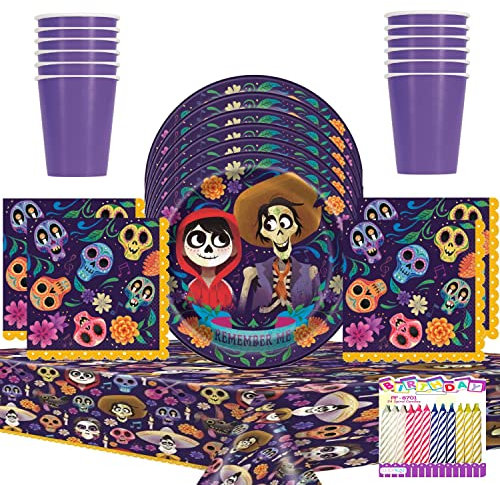 Paquete único de suministros de fiesta de Disney Coco sirve platos de 16: 9 pulgadas, servilletas de almuerzo, tazas y cubierta de mesa con velas de cumpleaños (paquete para 16)