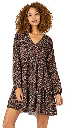 Sublevel Damen Kleid Frühling und Sommer mit Blumen-Muster Blumenkleid Langarm Black XL/XXL