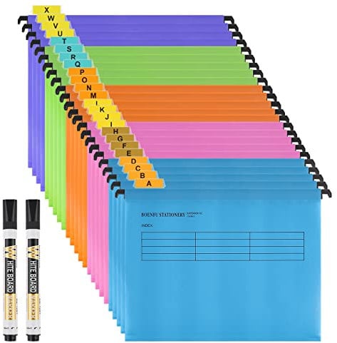 A4 Suspension Files,BOENFU 24 Pack Polypropylene for Suspension Files A4 Filing Cabinets with Tabs,Card Inserts and Erasable Pen for School Home Work Office Organization (24 Pack,5 Colors)