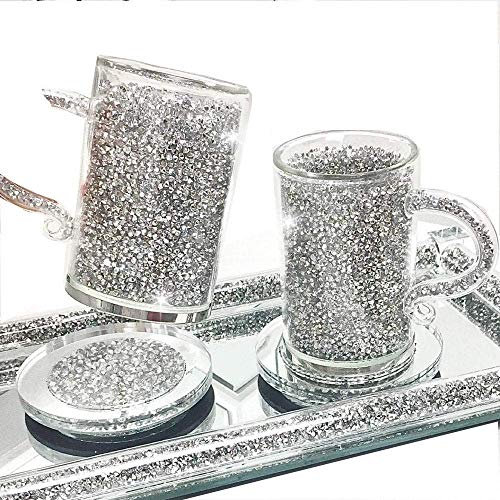 LondonMart Silver Crushed Diamond Crystal Filled Glass Mug Turkish Coffee Tea Cup and Saucer Set of 2 with Silver tray