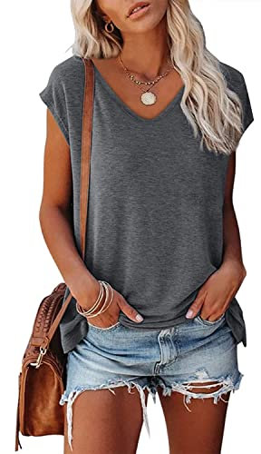 NEYOUQE t Shirts für Damen Weste mit Flügelärmeln Kurzarm U Ausschnitt Einfarbige Kurze Ärmel für Frauen Kurzarm Tshirt Beliebten Pullover Basic Einfarbig Tshirt Tops Bekleidung Damen Grau M 40-42