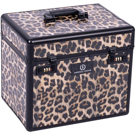 Imperial Riding Shiny Putzbox, Putzkoffer mit Zahlenschloss, verstellbare Fächer, Aufbewahrungsbox für Putzzeug, mit Spiegel im Deckel, hochwertiger Putzkasten, 38x28x32cm, Leopard