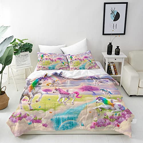 ANHOPE Rainbow Unicorn Duvet Cover Set Soft Lightweight Microfiber 3 Piece Bedding Set with 2 Pillowcase Floral Butterfly Print Pattern Kids Girls Quilt Cover with Zipper Closure Single