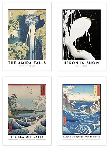 Wee Blue Coo Classic Paintings Hokusai Amida Falls Koson Heron Utagawa Sea Off Satta Naruto Whirlpool A4 Poster Pack of 4 Wall Art