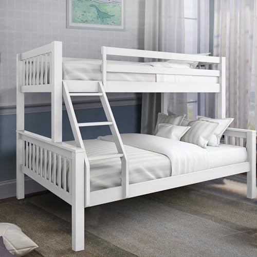 Blisswood Bunk Bed With 2x Mattress, 4ft6 Double & 3ft Single Wooden Triple Bunk Beds With Ladder, triple Sleeper Kids Bunk Bed, Solid Pine Wood Frame Children Single Double Bed Frame (White)