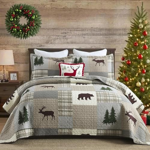 Quilts King Size – Farmhouse Plaid King Quilt Set, 100% Baumwolle, dunkelgrüne Bäume, brauner Bär, Hirsch, Patchwork, wendbare Tagesdecke, leichtes Bettwäsche-Set mit 2 Kissenbezügen