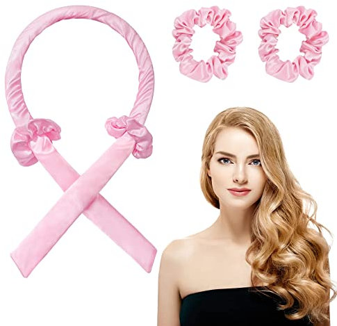 URAQT Heatless Hair Curler Band, Silk Hair Curler Ribbon, Rutschfest Heatless Lockenwickler, Hair Lockenstab Hair Rollers, Locken Ohne Hitze Band mit Scrunchies für Lange Haare DIY-Styling (Rosa)