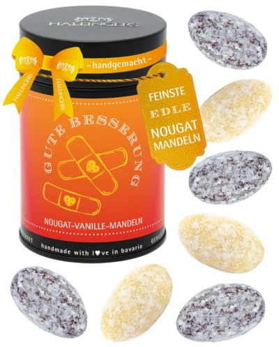 Hallingers Genuss Manufaktur Nougat-Mandeln Geschenk - von Hand in der Manufaktur schokoliert ohne Alkohol in der Geschenkdose Gute Besserung, Geschenkidee für Frauen Männer
