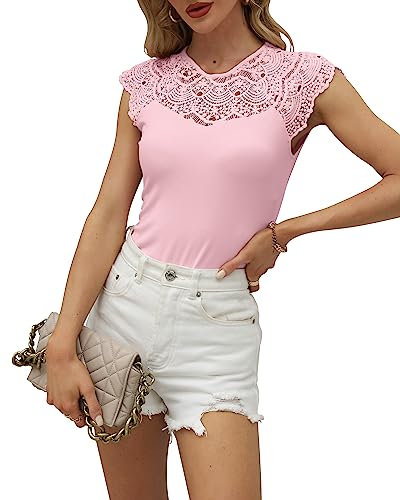 Hount Damen Bluse Elegant Spitzen Top Solide Lässige Oberteile Rundhals Basic Einfarbige T Shirt (S, Rosa)