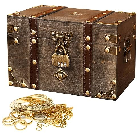 FENYW Vintage Holz Schatztruhe, Schatztruhe Aus Holz, Schatzkiste Holz Mit Schloss, Schatztruhe Kinder,Holz Aufbewahrung Schatzkiste, Schatztruhe Klein Für Aufbewahrung Und Dekoration(24x17.5x15.5 cm)
