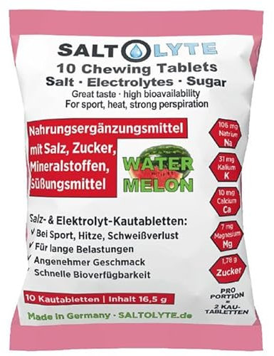 SALTOLYTE 10 Chewing Tablets Watermelon in Sachet, Salt and Electrolyte Chewable Tablets with Sodium, Magnesium, Potassium, Calcium - Watermelon Flavour
