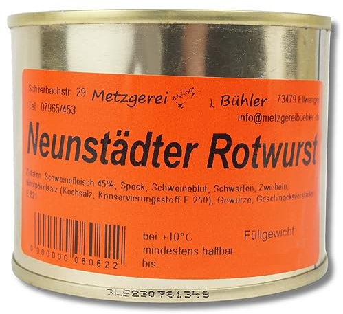 Schwäbische Neunstädter Rotwurst Dosenwurst 200g bis 300g aus 45% Deutschem Schweinefleisch, traditionelle Hausmacher Wurst Rezeptur, Wurstkonserve