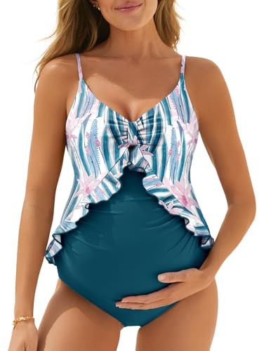 Summer Mae - Bañador premamá de una pieza con volantes, abertura y cordón ajustable