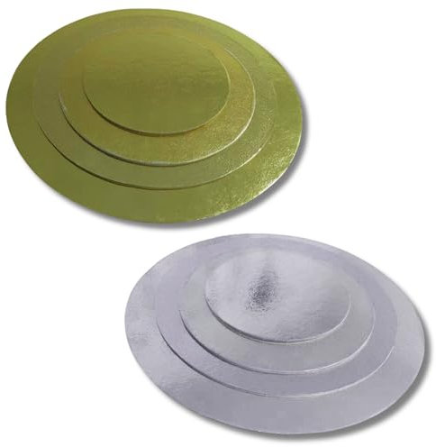 BWELY Cake board 4er Set - Ø 15 + 20 + 25 + 30 cm - Rund Tortenunterlagen - 2mm und 3mm, Beiseitig verwendbar Gold & Silver - Tortenteller, Pappe Tortenplatte