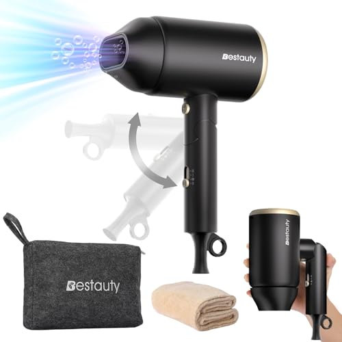 Sèche Cheveux de Voyage Pliable, Professionnel Ionique Sèche-Cheveux Ionique 2000W avec buses de coiffage/serviettes/Pochette, 3 températures, Compact Portable Hair Dryer Pour les Voyages, Or Noir