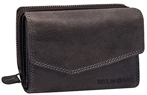 Hill Burry Damen Leder Geldbörse | Vintage Echt-Leder Portemonnaie mit vielen Fächern | Kompakte Geldbeutel - Portmonee | Mit RFID Schutz (Grau)